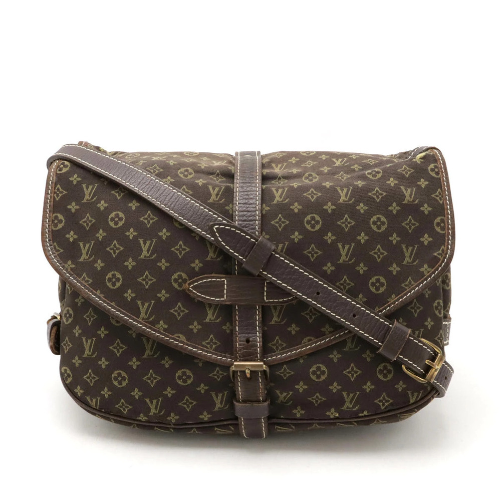 LOUIS VUITTON Monogram Lin Saumur Crossbody Bag Canvas Leather Ebene Brown